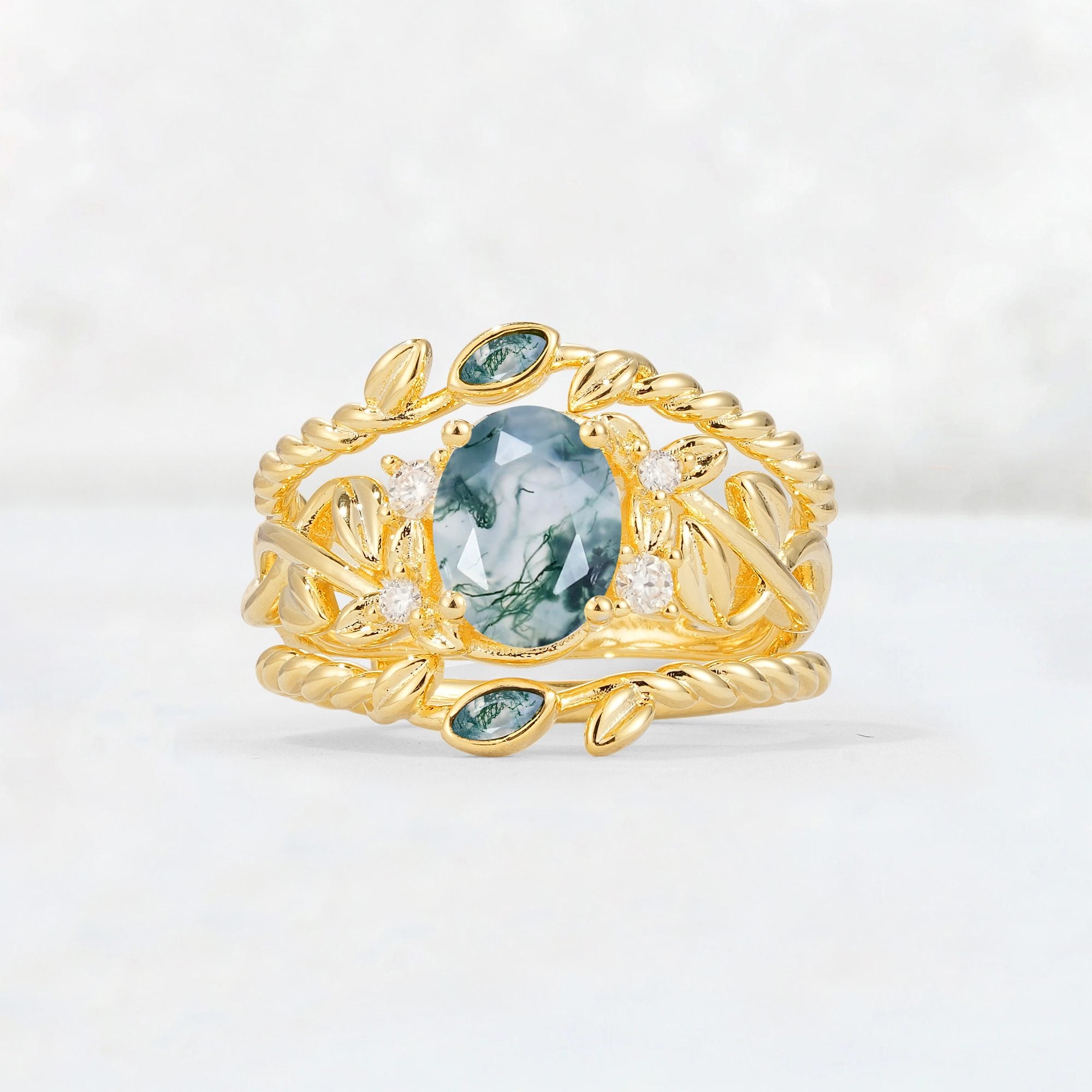 Oval Cut Moss Agate Moss Agate Leaf Vine Bridal Ring Set - Yellow-Gold