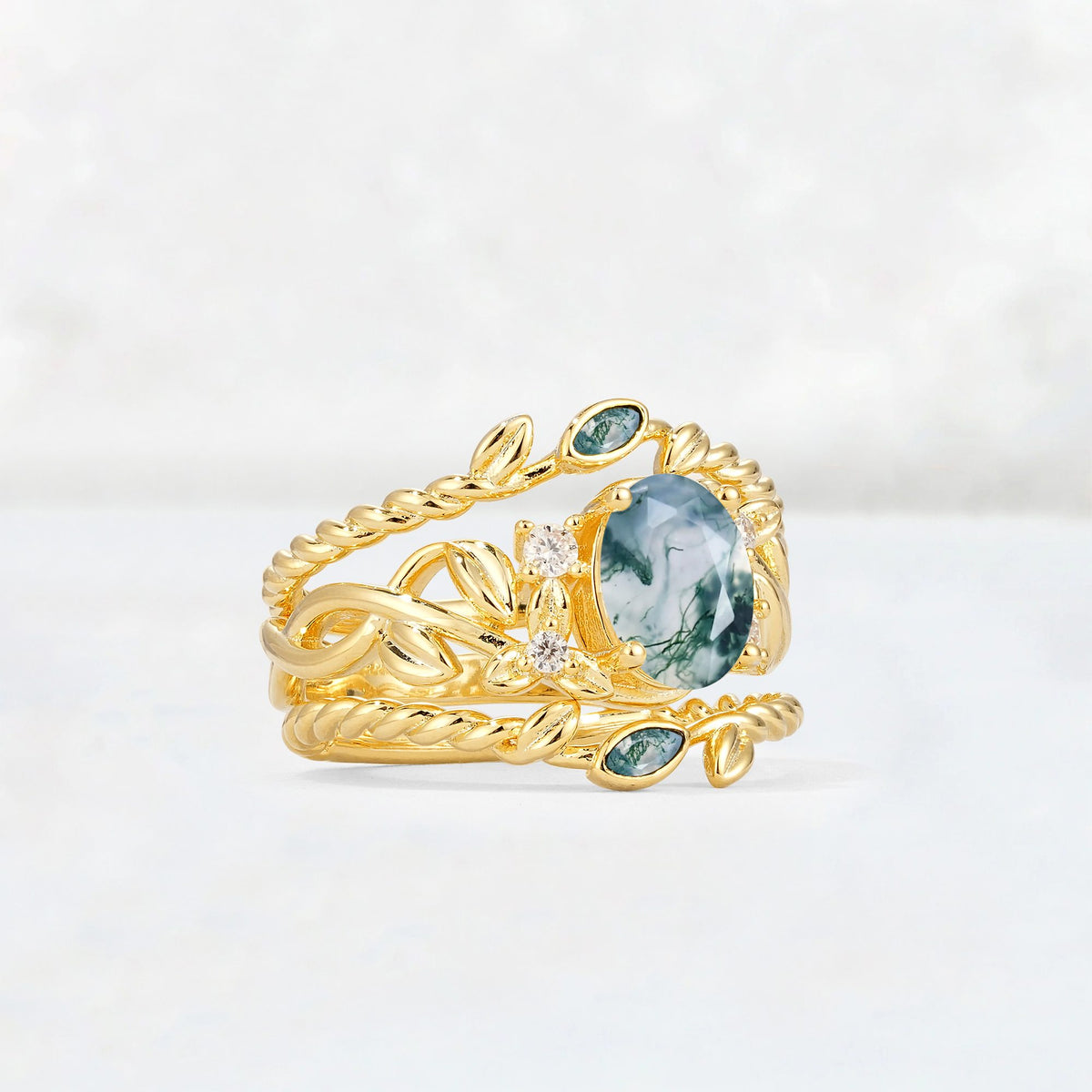 Oval Cut Moss Agate Moss Agate Leaf Vine Bridal Ring Set - Rose-Gold