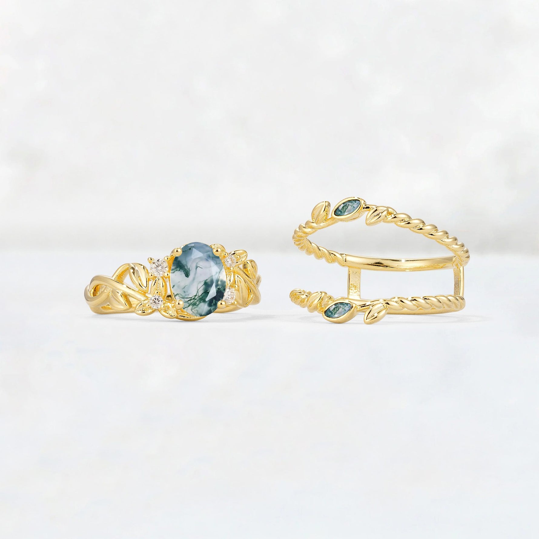 Oval Cut Moss Agate Moss Agate Leaf Vine Bridal Ring Set - White-Gold