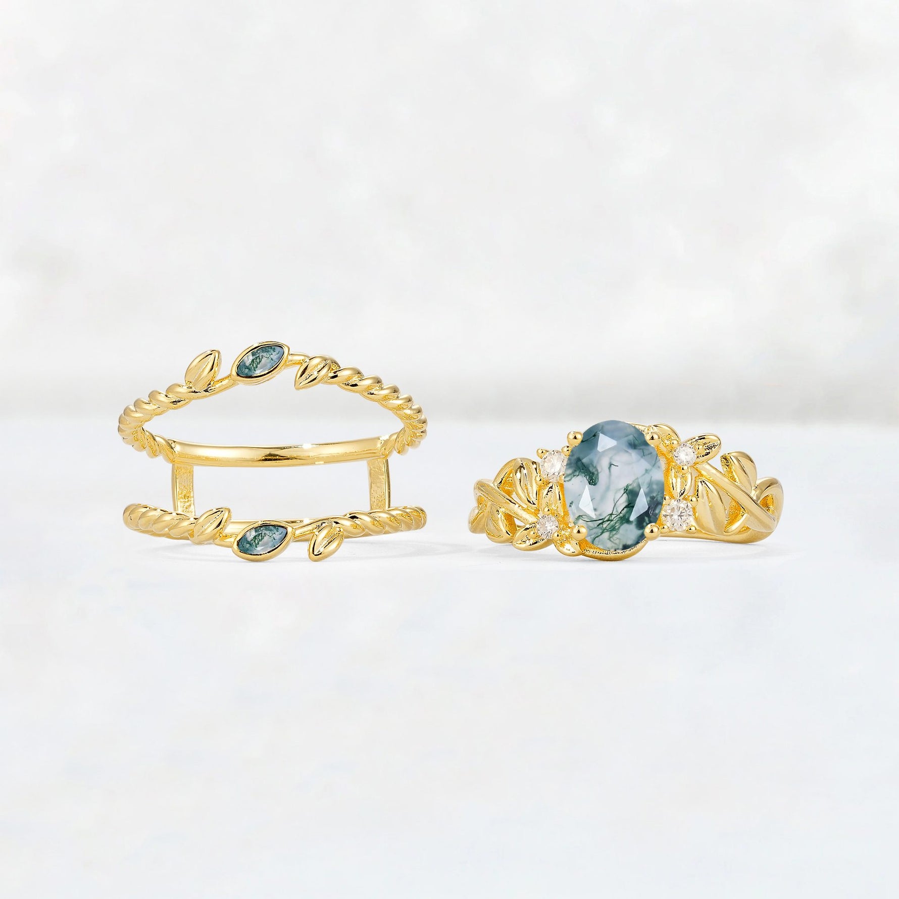 Oval Cut Moss Agate Moss Agate Leaf Vine Bridal Ring Set - Additional view