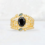 Oval Cut Black Onyx Moss Agate Leaf Vine Bridal Ring Set - Yellow-Gold