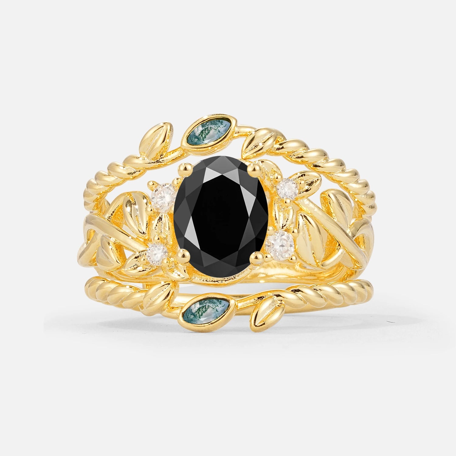 Oval Cut Black Onyx Moss Agate Leaf Vine Bridal Ring Set - Yellow-Gold