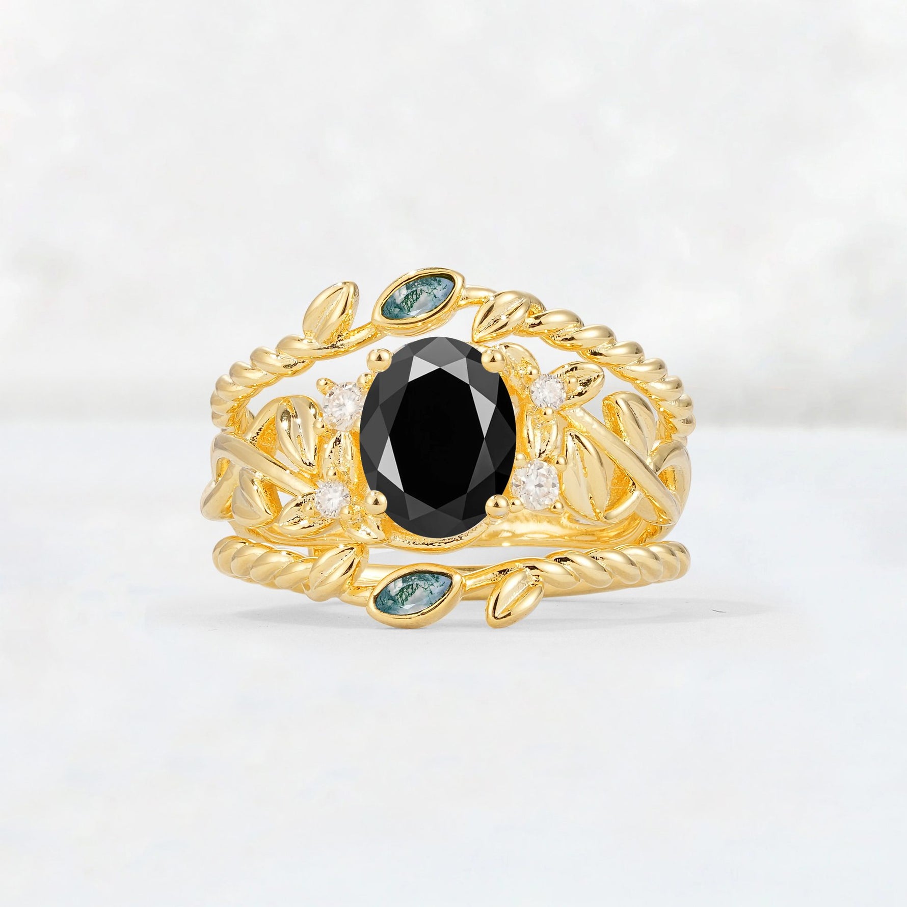 Oval Cut Black Onyx Moss Agate Leaf Vine Bridal Ring Set - Yellow-Gold