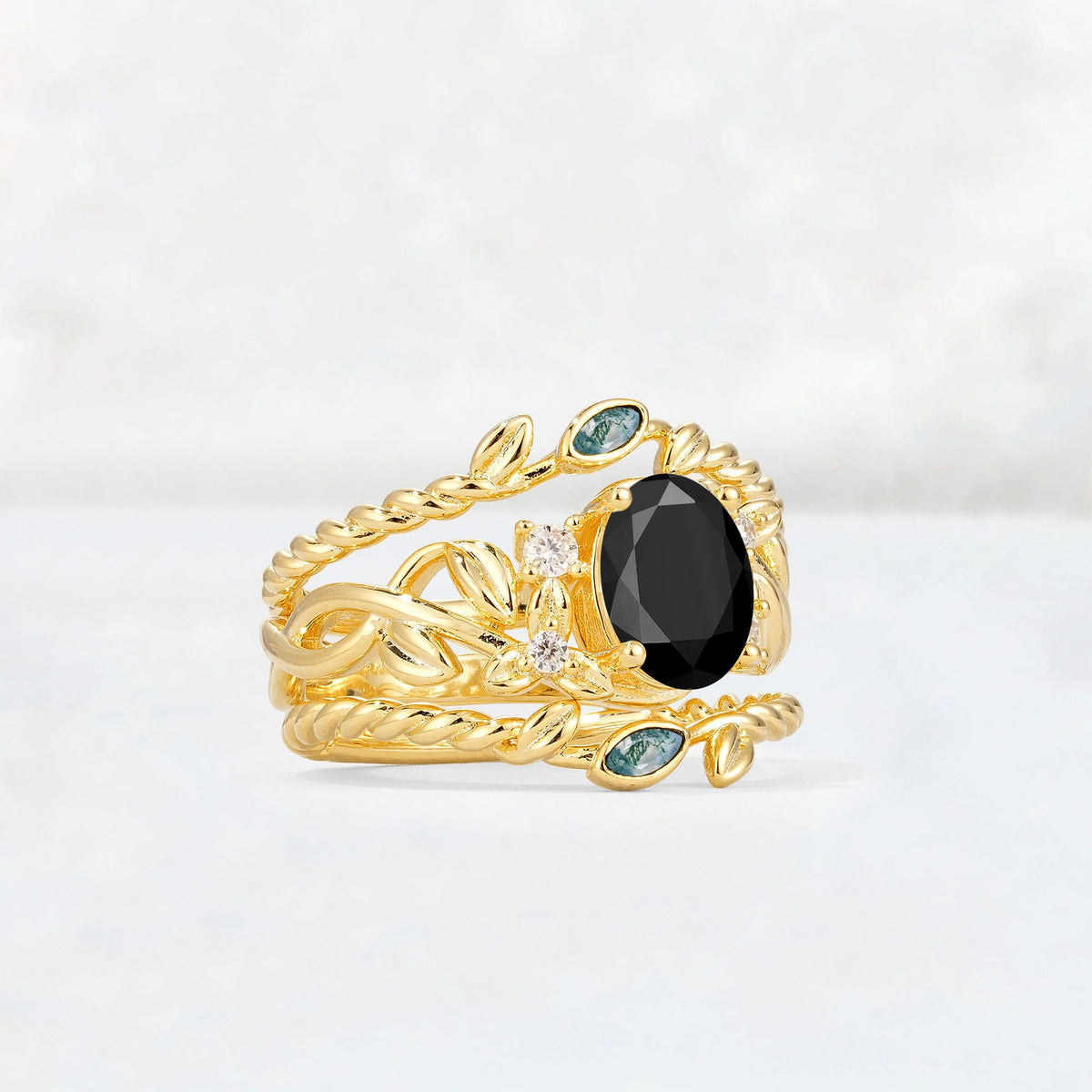 Oval Cut Black Onyx Moss Agate Leaf Vine Bridal Ring Set - Rose-Gold