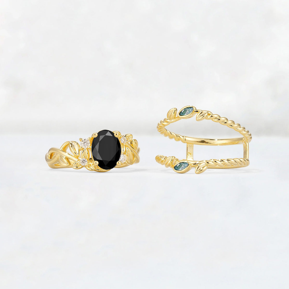 Oval Cut Black Onyx Moss Agate Leaf Vine Bridal Ring Set - White-Gold