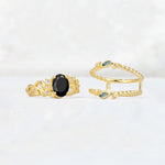 Oval Cut Black Onyx Moss Agate Leaf Vine Bridal Ring Set - White-Gold