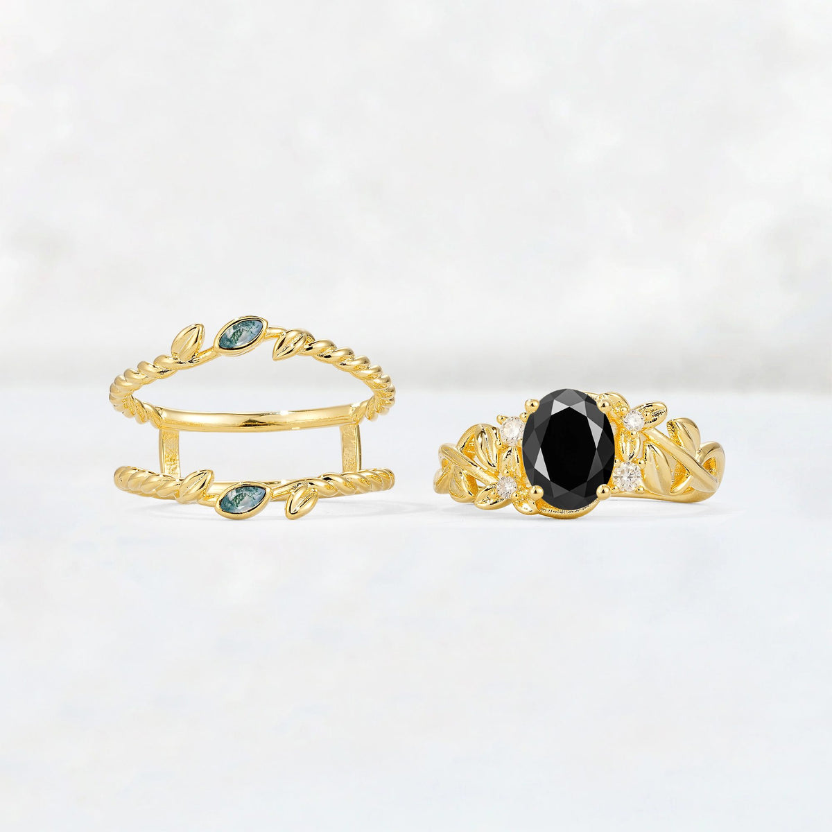 Oval Cut Black Onyx Moss Agate Leaf Vine Bridal Ring Set - Additional view