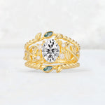 Oval Cut Lab Diamond Moss Agate Leaf Vine Bridal Ring Set - Yellow-Gold