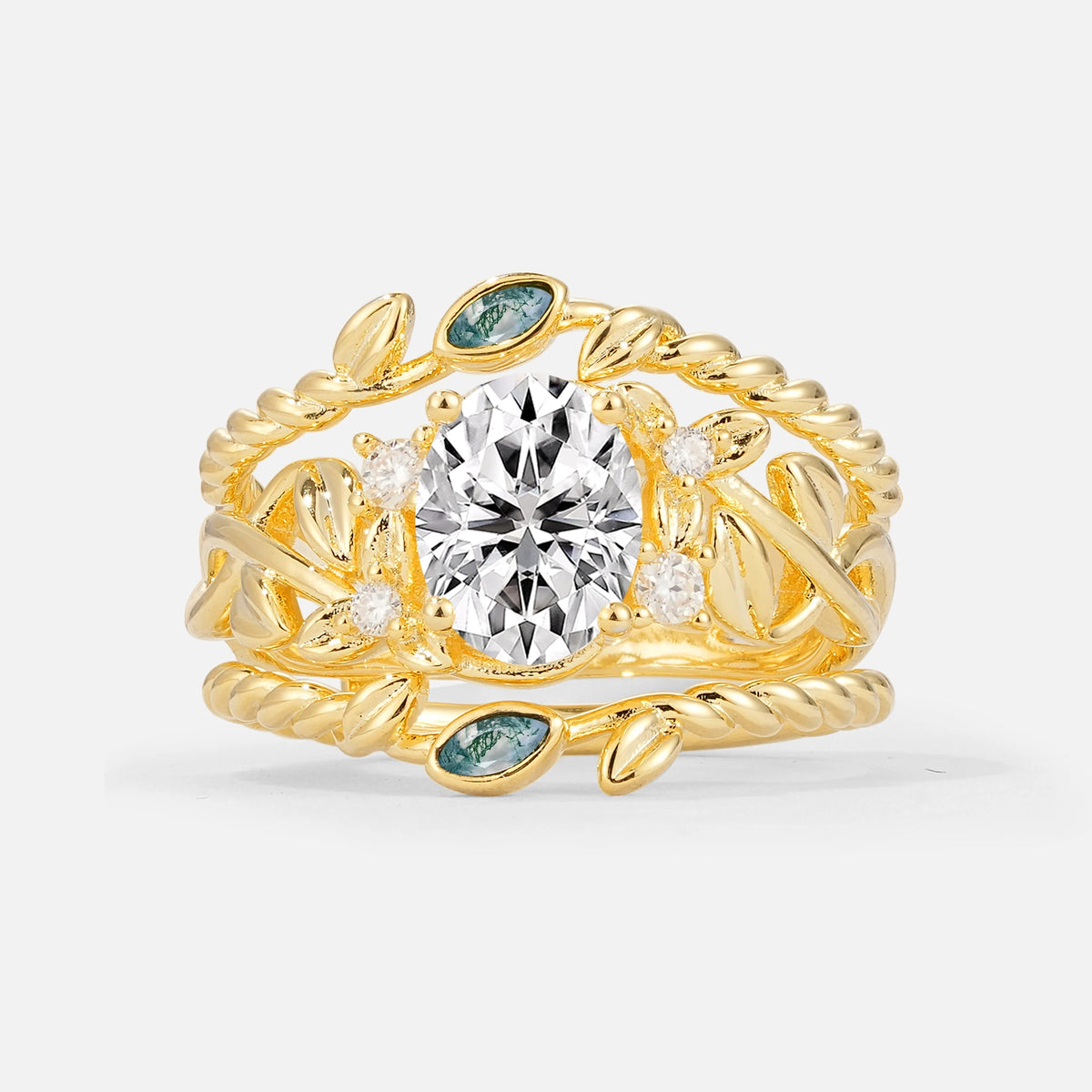 Oval Cut Lab Diamond Moss Agate Leaf Vine Bridal Ring Set - Yellow-Gold