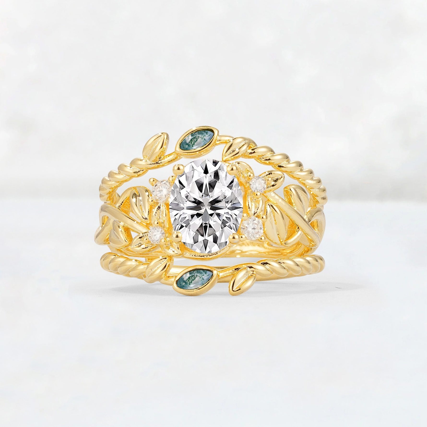 Oval Cut Lab Diamond Moss Agate Leaf Vine Bridal Ring Set - Yellow-Gold