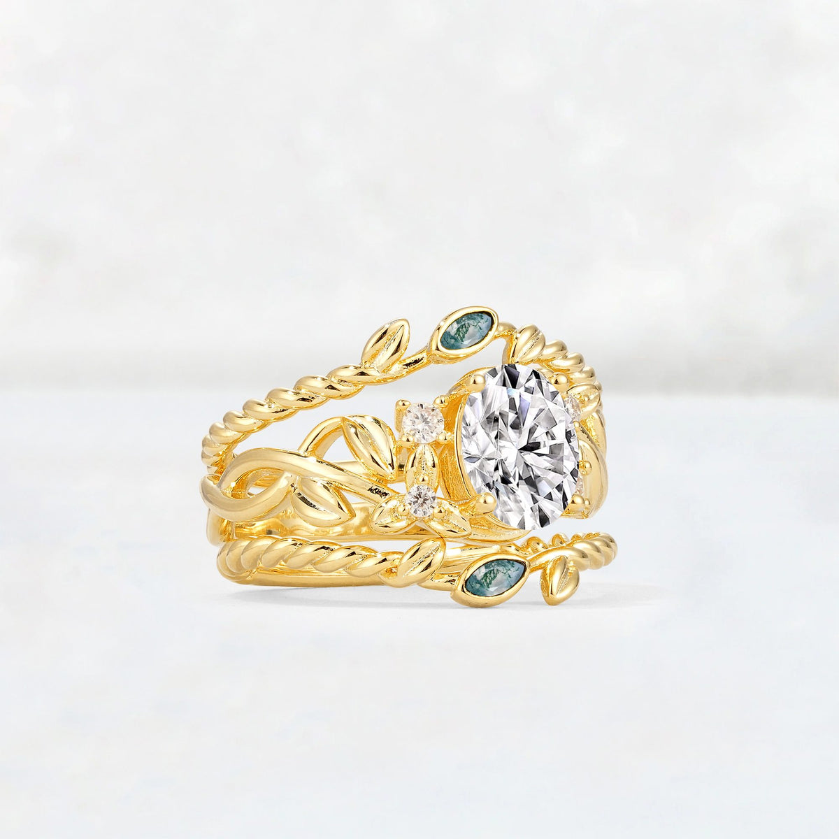 Oval Cut Lab Diamond Moss Agate Leaf Vine Bridal Ring Set - Rose-Gold