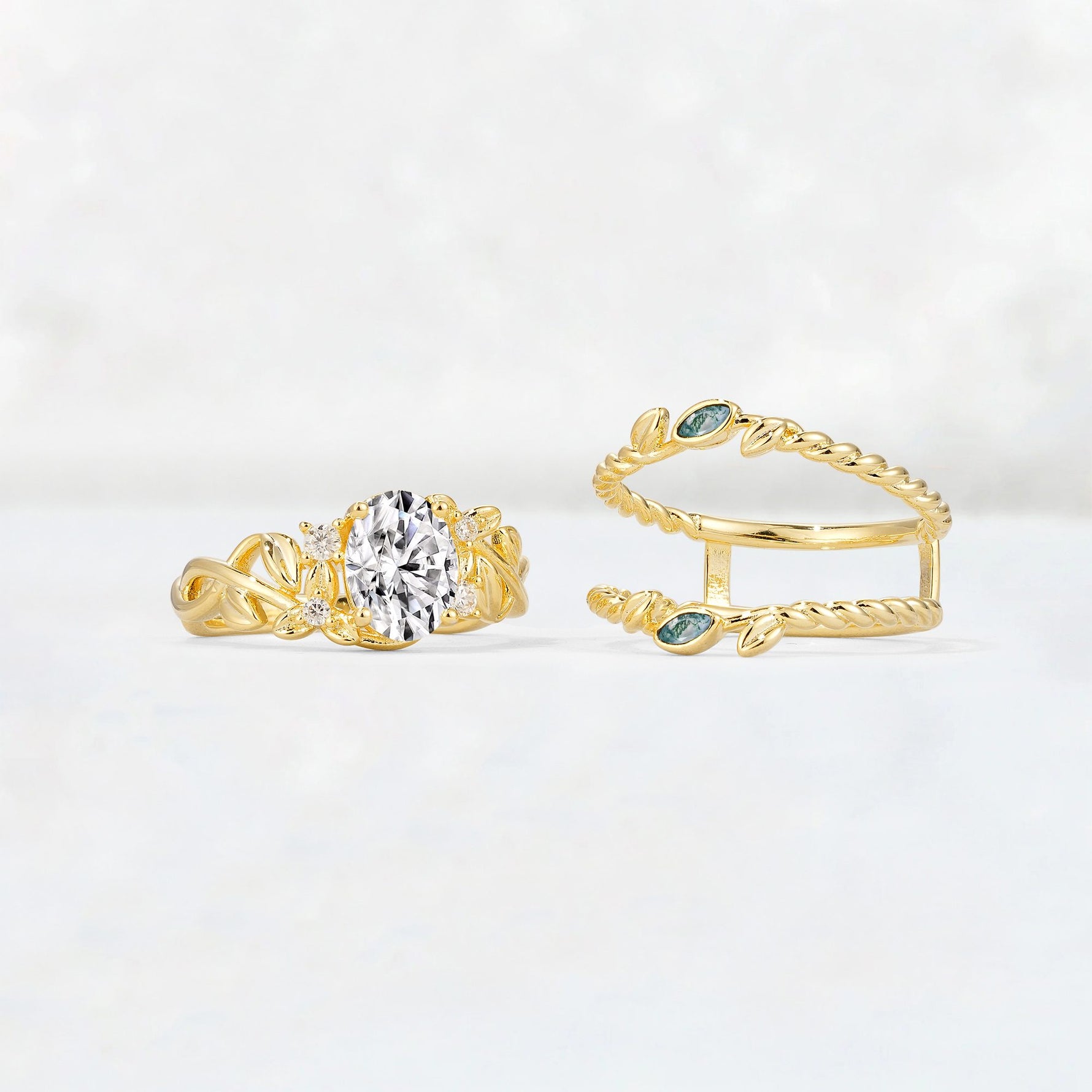 Oval Cut Lab Diamond Moss Agate Leaf Vine Bridal Ring Set - White-Gold