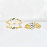 Oval Cut Lab Diamond Moss Agate Leaf Vine Bridal Ring Set - Additional view
