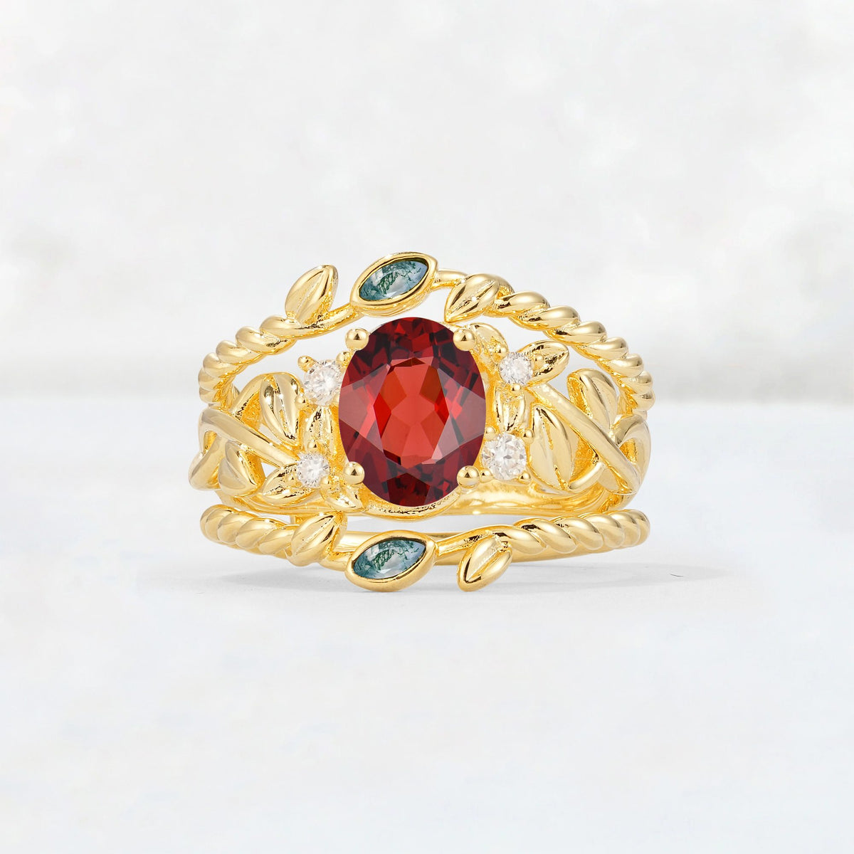 Oval Cut Garnet Moss Agate Leaf Vine Bridal Ring Set - Yellow-Gold