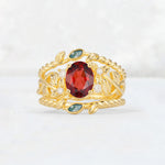 Oval Cut Garnet Moss Agate Leaf Vine Bridal Ring Set - Yellow-Gold