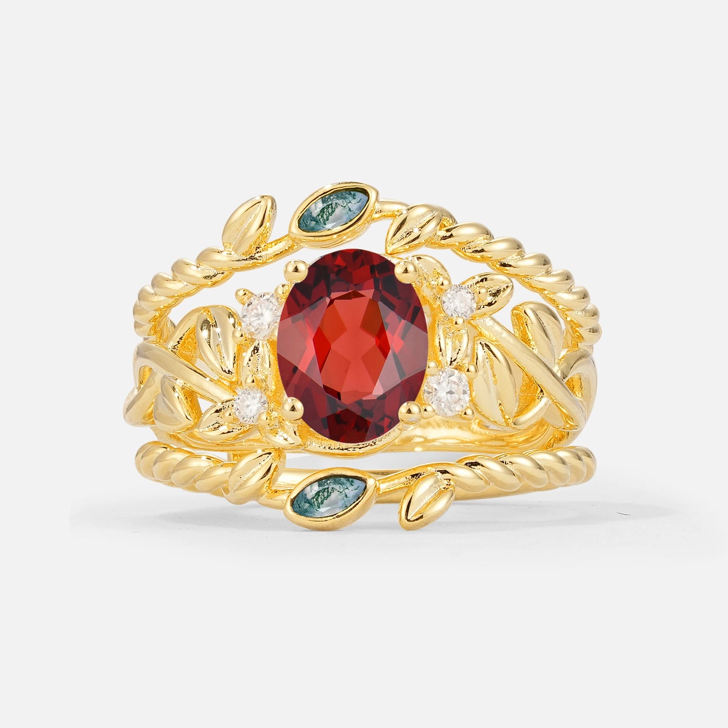Oval Cut Garnet Moss Agate Leaf Vine Bridal Ring Set - Yellow-Gold