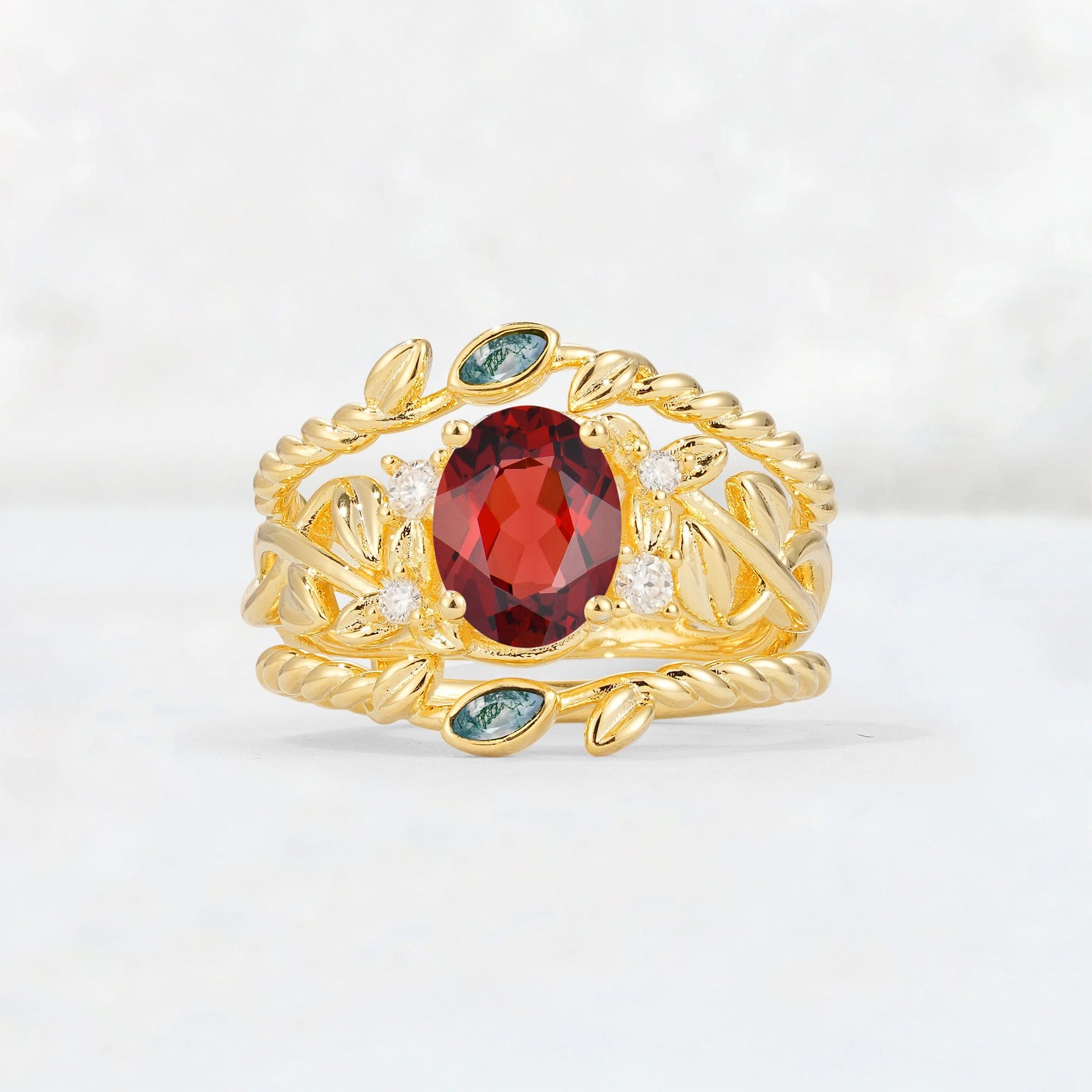 Oval Cut Garnet Moss Agate Leaf Vine Bridal Ring Set - Yellow-Gold
