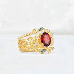 Oval Cut Garnet Moss Agate Leaf Vine Bridal Ring Set - Rose-Gold