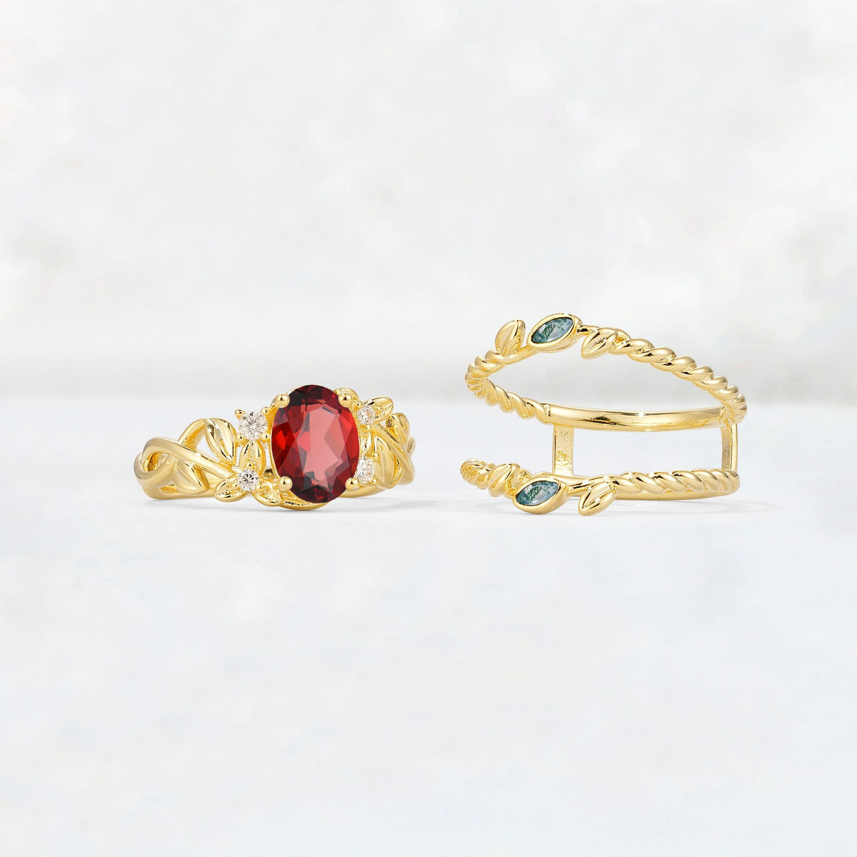 Oval Cut Garnet Moss Agate Leaf Vine Bridal Ring Set - White-Gold