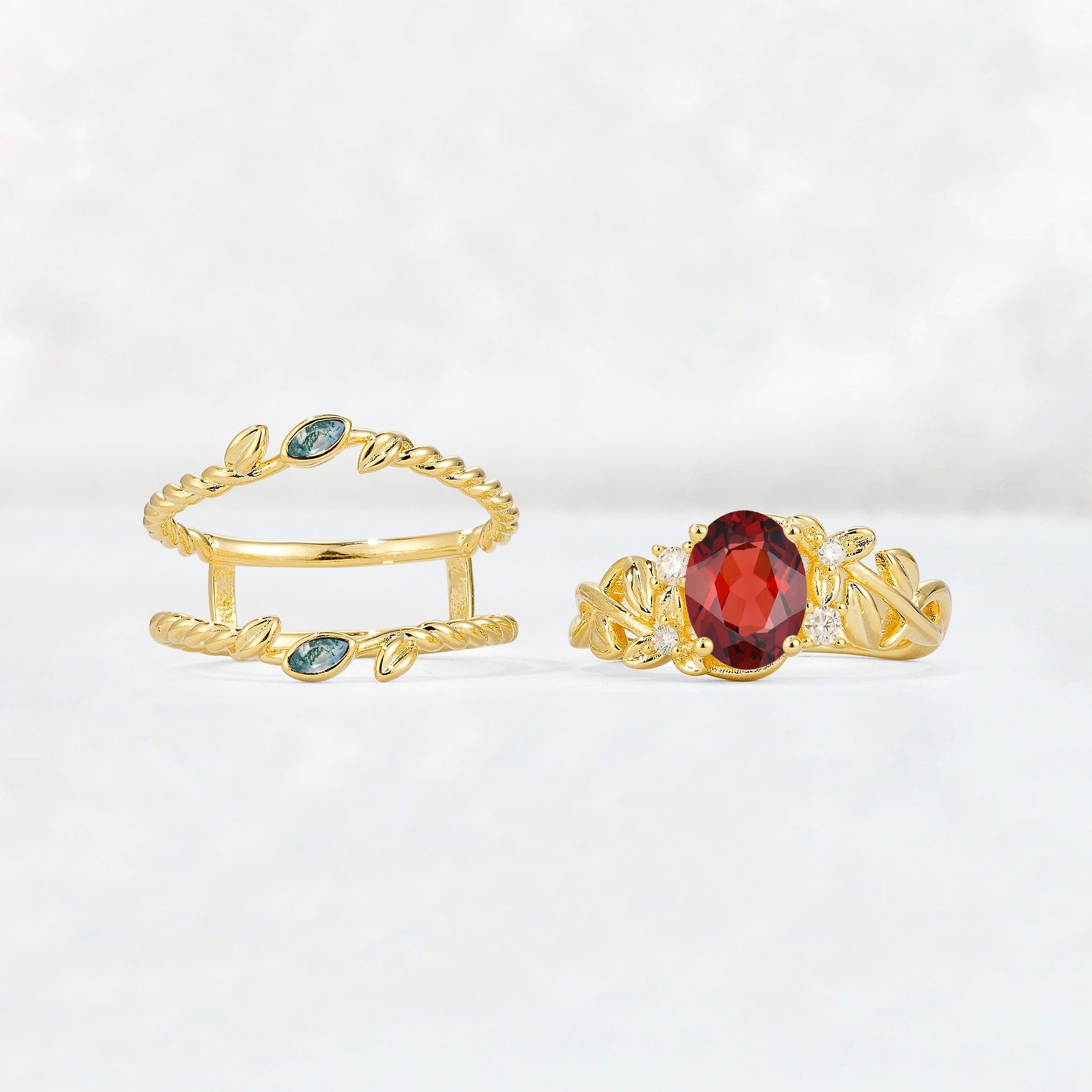 Oval Cut Garnet Moss Agate Leaf Vine Bridal Ring Set - Additional view
