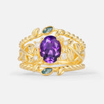 Oval Cut Amethyst Moss Agate Leaf Vine Bridal Ring Set - Yellow-Gold
