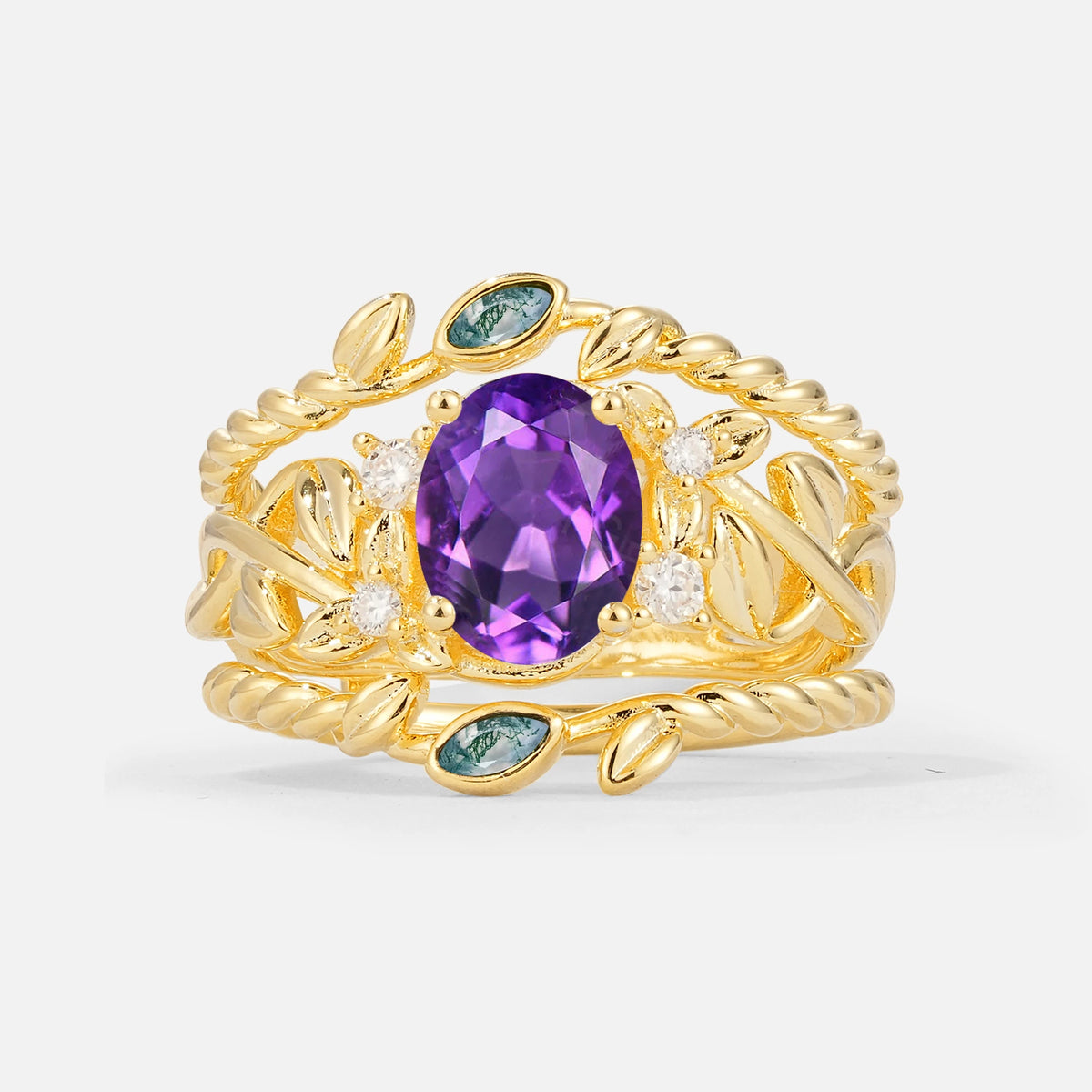 Oval Cut Amethyst Moss Agate Leaf Vine Bridal Ring Set - Yellow-Gold