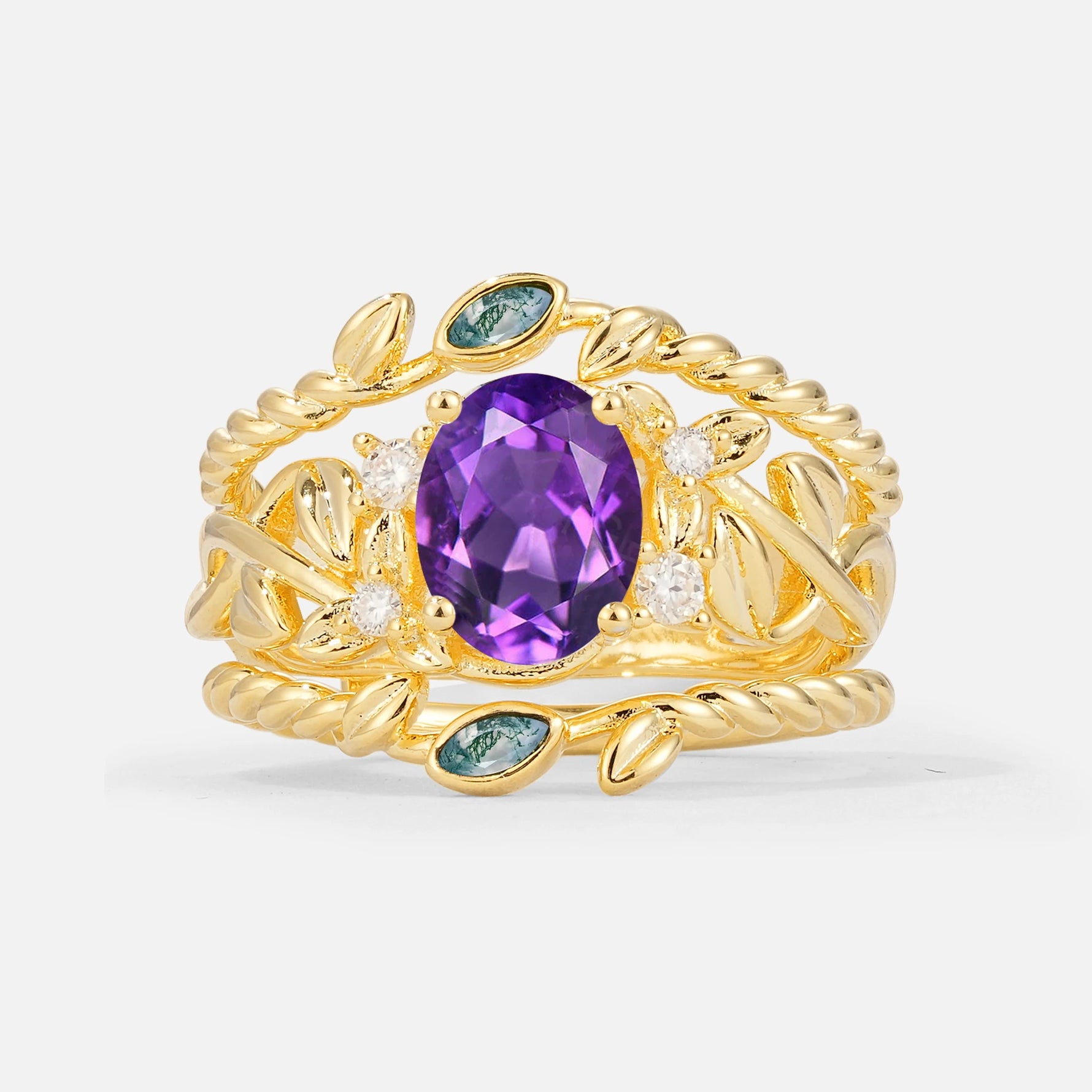 Oval Cut Amethyst Moss Agate Leaf Vine Bridal Ring Set - Yellow-Gold
