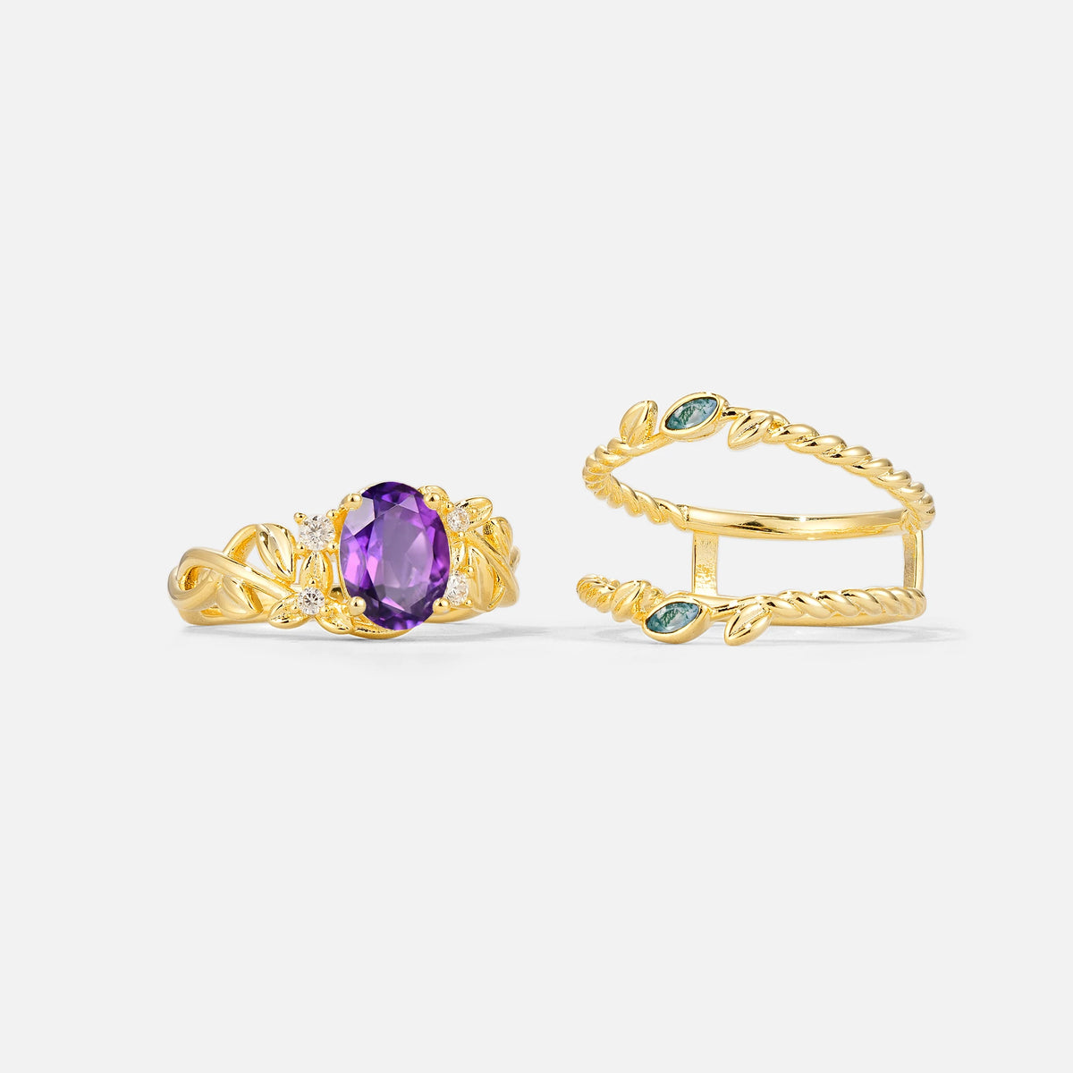 Oval Cut Amethyst Moss Agate Leaf Vine Bridal Ring Set - White-Gold
