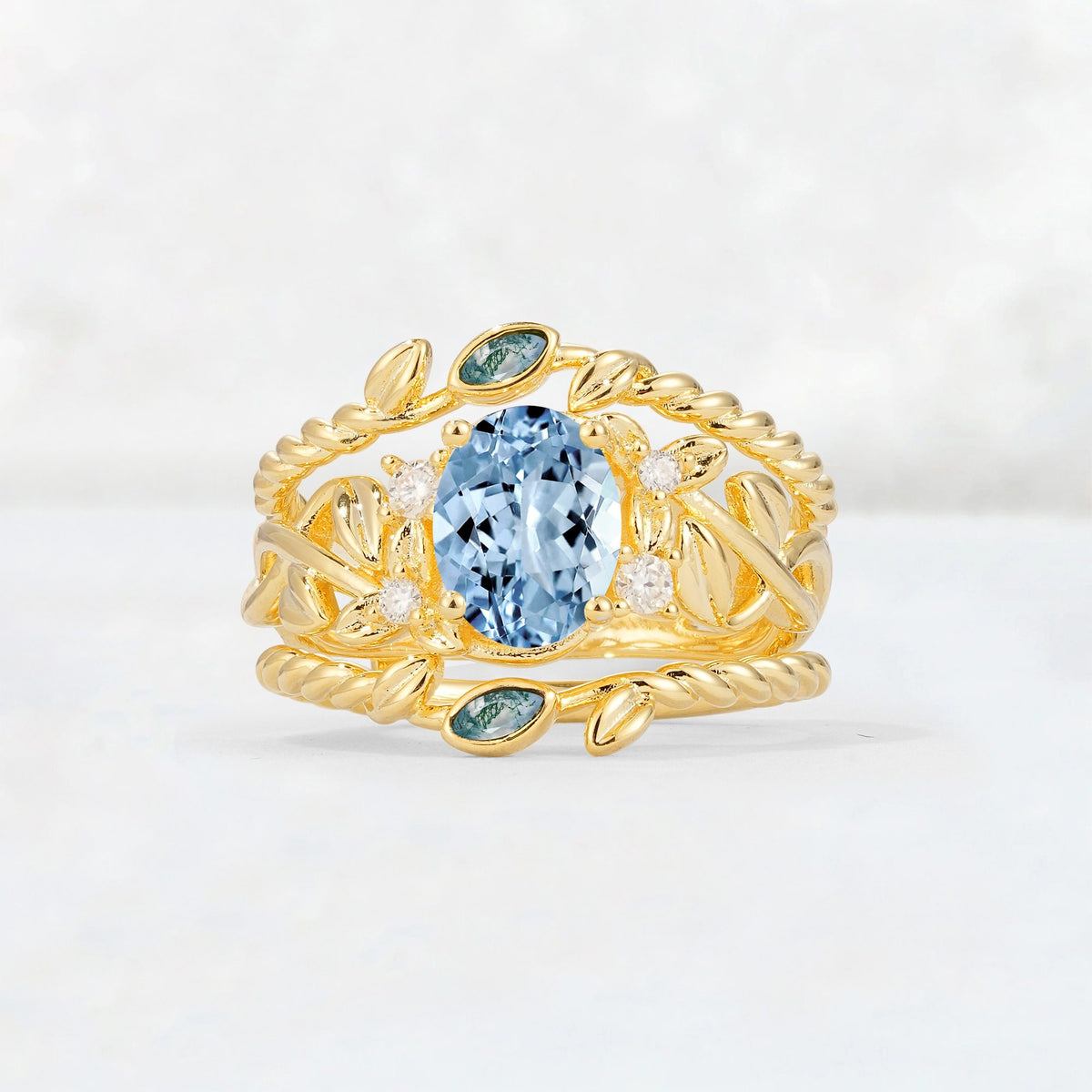 Oval Cut Aquamarine Moss Agate Leaf Vine Bridal Ring Set - Yellow-Gold