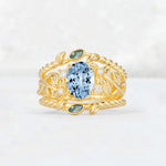Oval Cut Aquamarine Moss Agate Leaf Vine Bridal Ring Set - Yellow-Gold