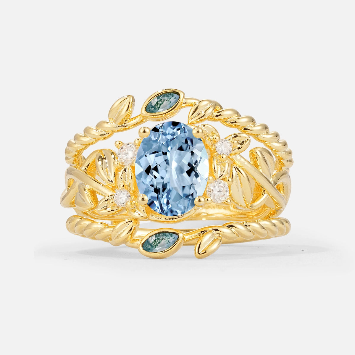 Oval Cut Aquamarine Moss Agate Leaf Vine Bridal Ring Set - Yellow-Gold