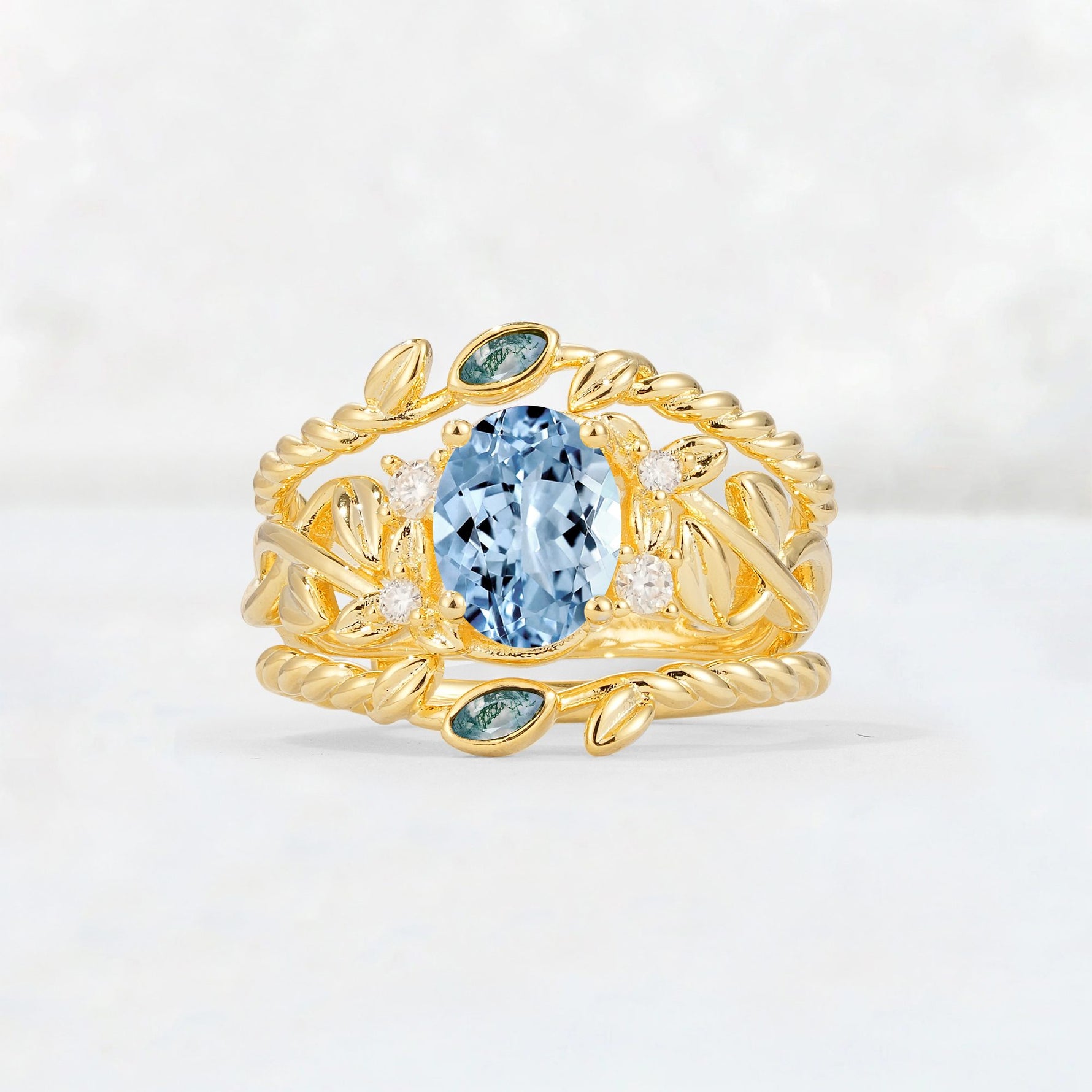 Oval Cut Aquamarine Moss Agate Leaf Vine Bridal Ring Set - Yellow-Gold