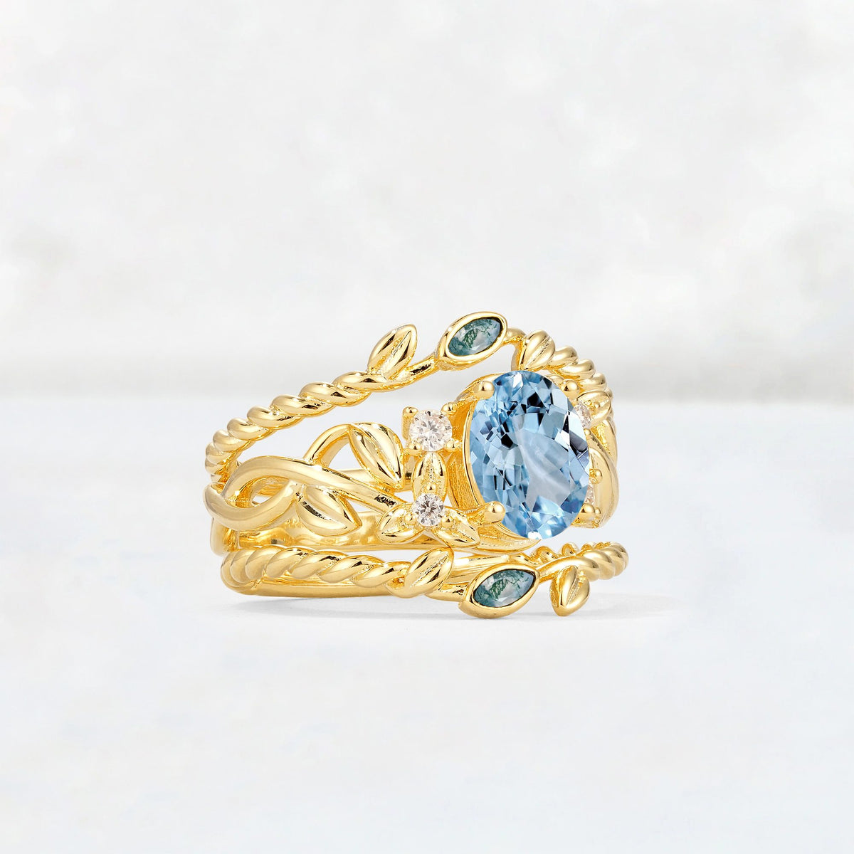 Oval Cut Aquamarine Moss Agate Leaf Vine Bridal Ring Set - Rose-Gold