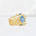 Oval Cut Aquamarine Moss Agate Leaf Vine Bridal Ring Set - Rose-Gold