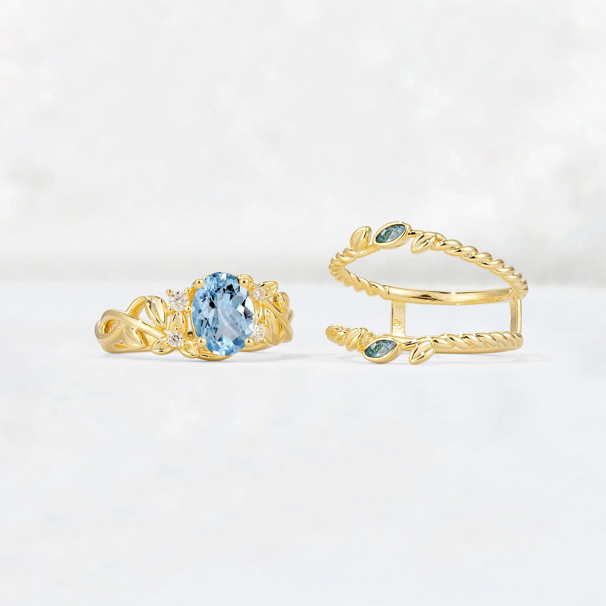 Oval Cut Aquamarine Moss Agate Leaf Vine Bridal Ring Set - White-Gold
