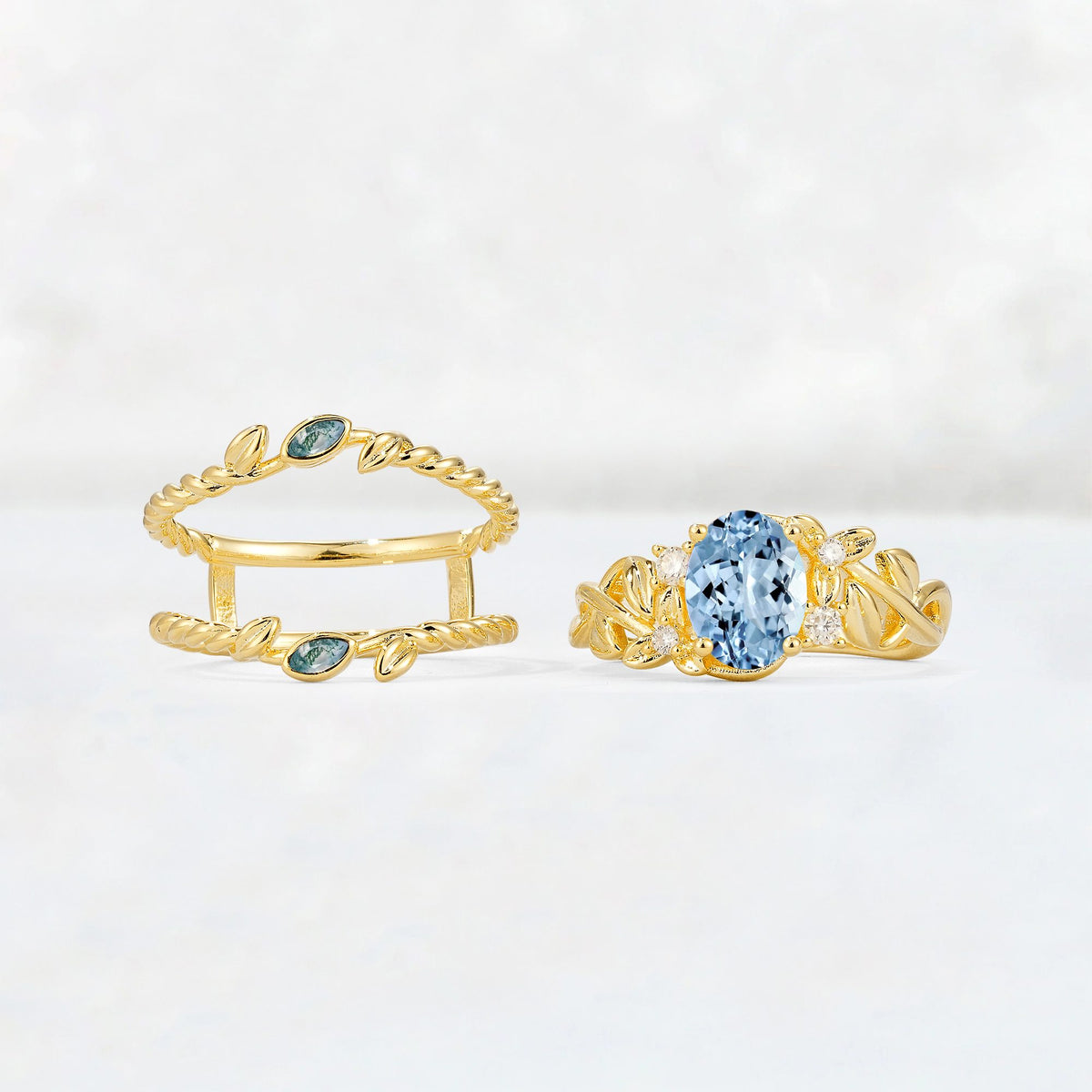 Oval Cut Aquamarine Moss Agate Leaf Vine Bridal Ring Set - Additional view