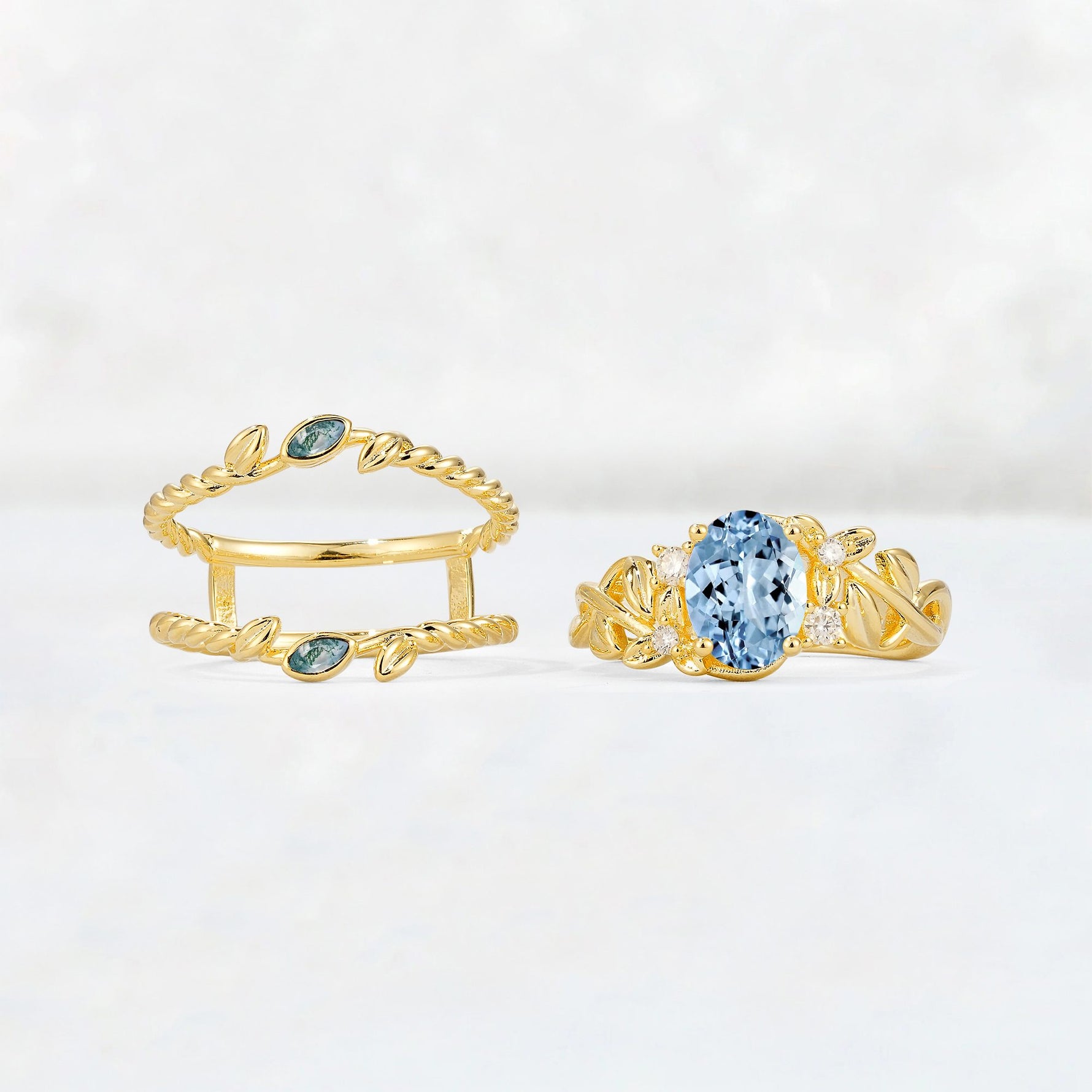 Oval Cut Aquamarine Moss Agate Leaf Vine Bridal Ring Set - Additional view