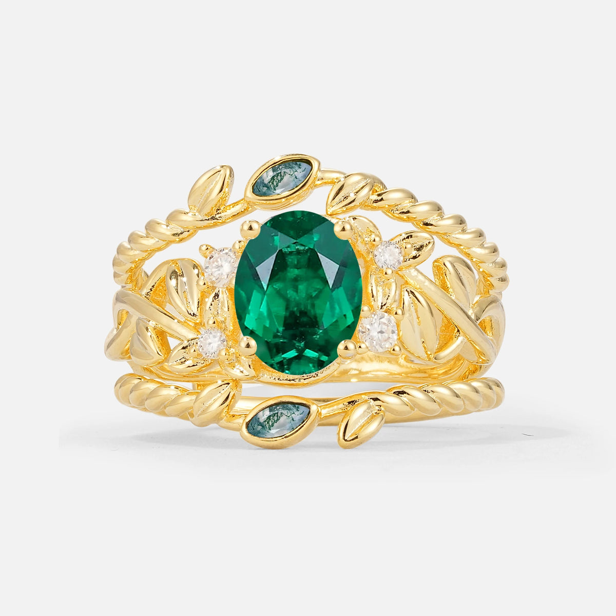 Oval Cut Emerald Moss Agate Leaf Vine Bridal Ring Set - Yellow-Gold