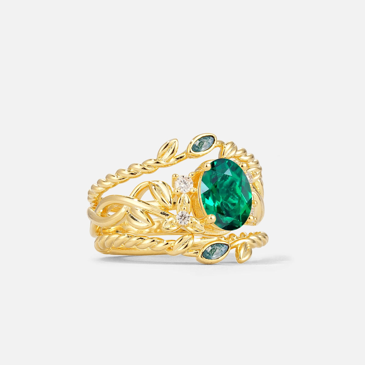 Oval Cut Emerald Moss Agate Leaf Vine Bridal Ring Set - Rose-Gold