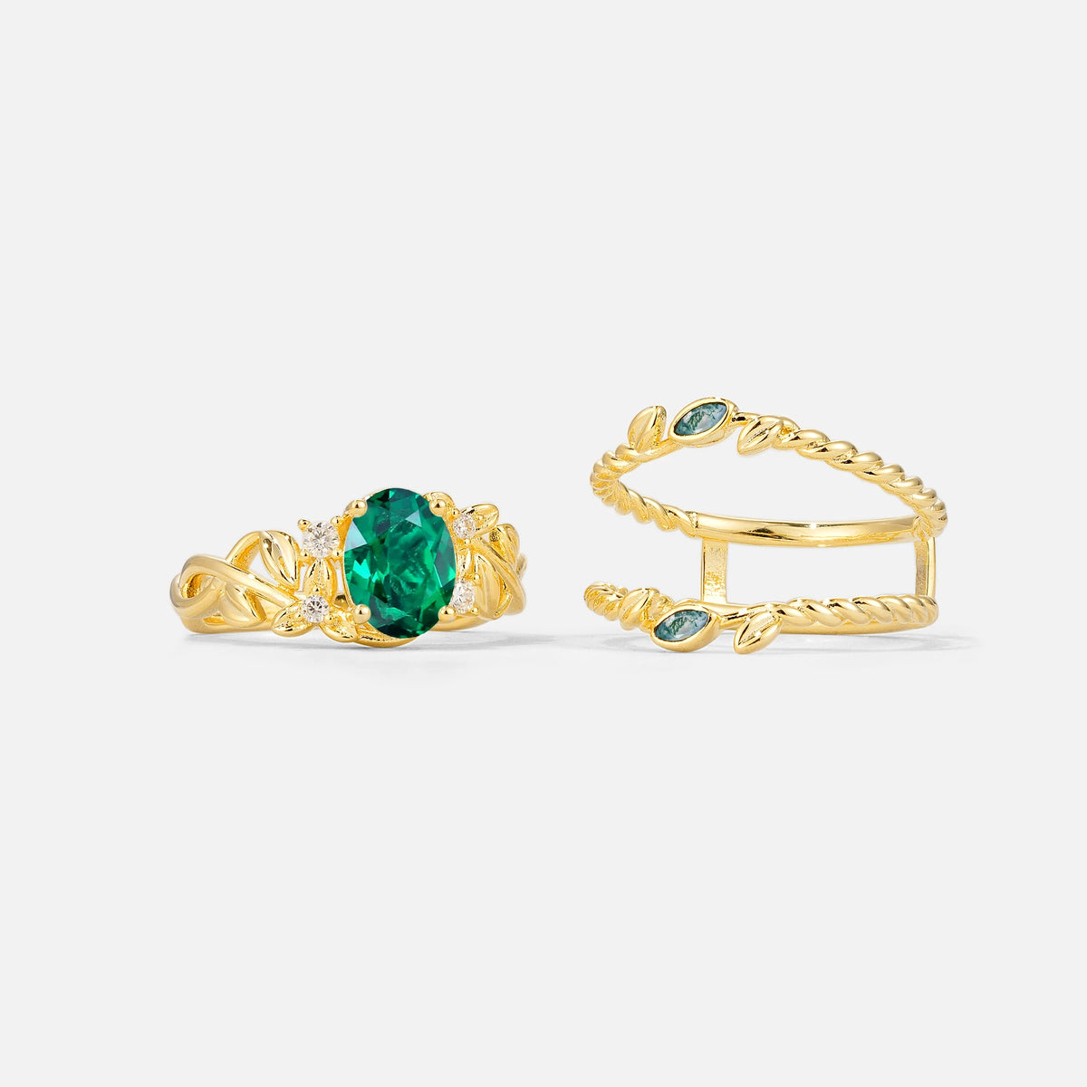 Oval Cut Emerald Moss Agate Leaf Vine Bridal Ring Set - White-Gold