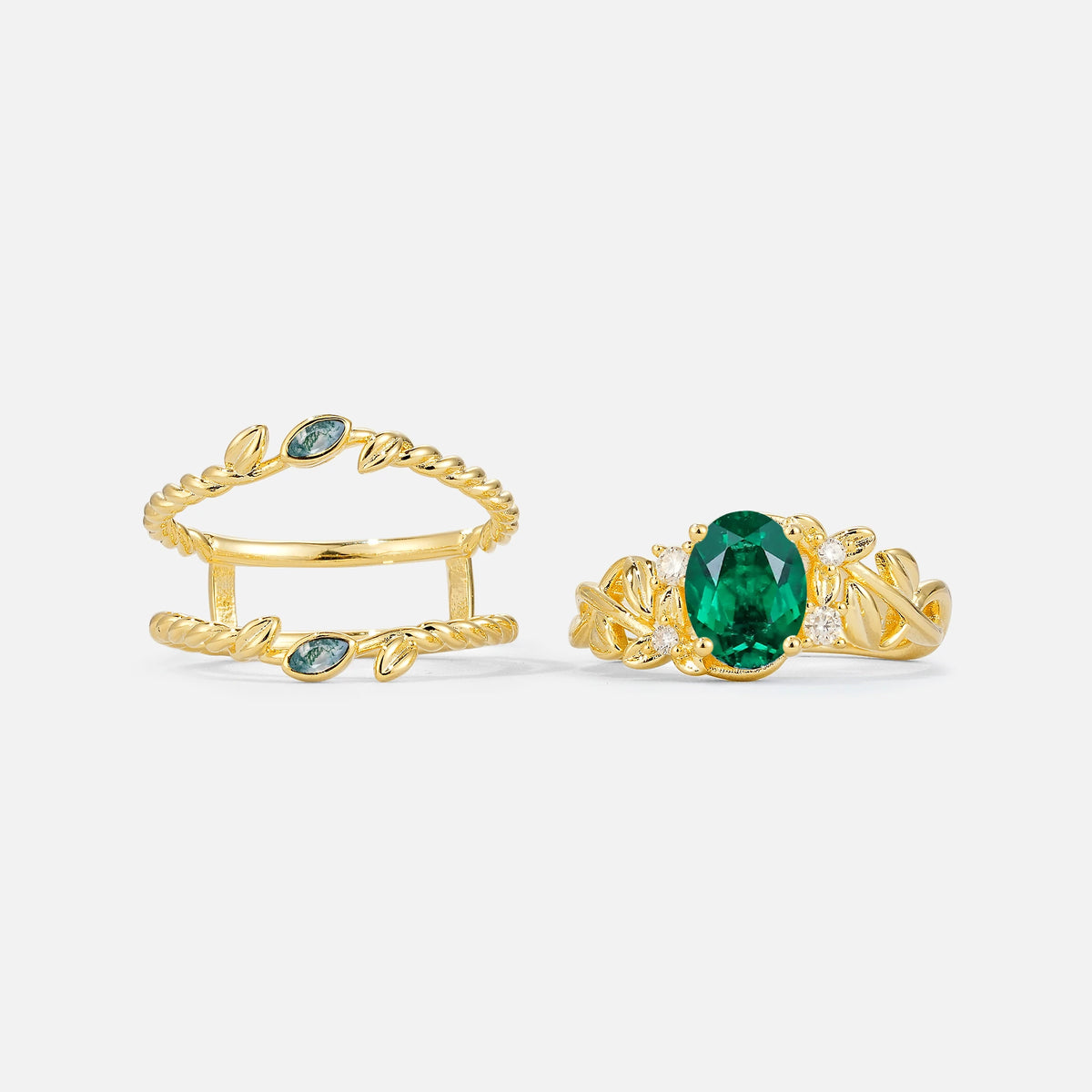Oval Cut Emerald Moss Agate Leaf Vine Bridal Ring Set - Additional view