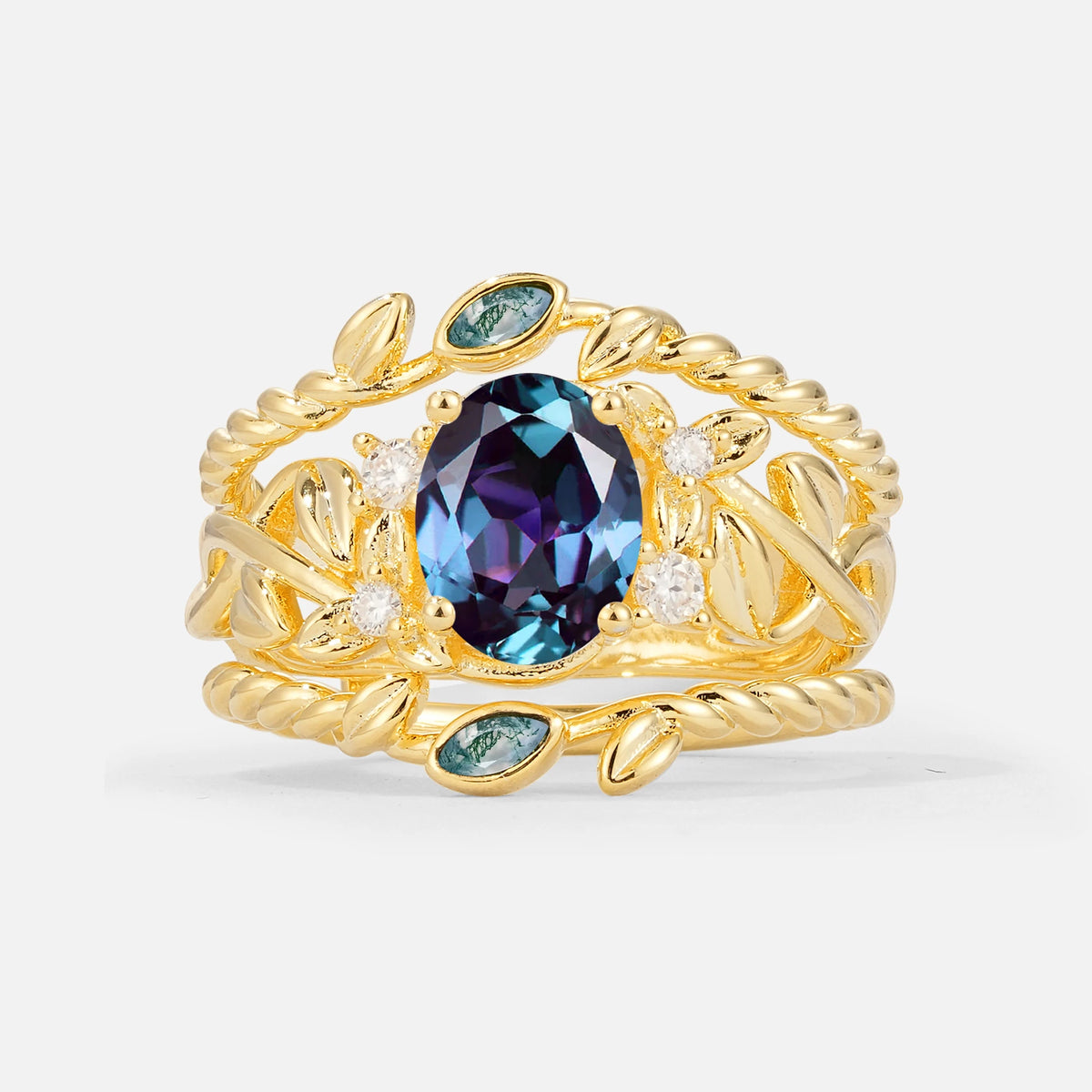 Oval Cut Alexandrite Moss Agate Leaf Vine Bridal Ring Set - Yellow-Gold