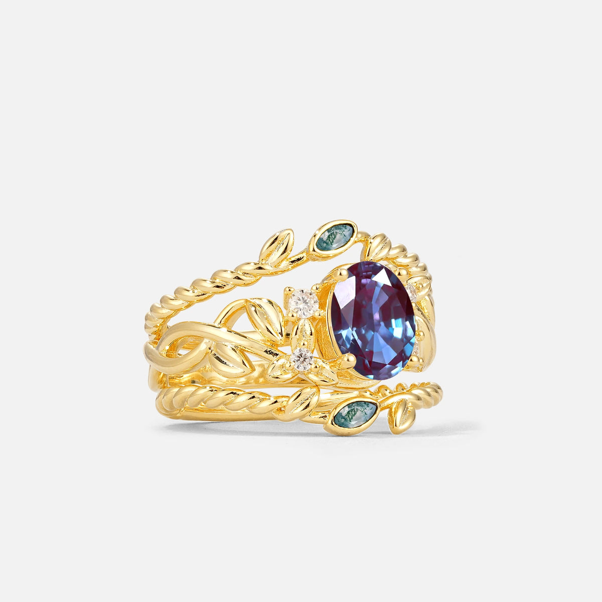 Oval Cut Alexandrite Moss Agate Leaf Vine Bridal Ring Set - Rose-Gold