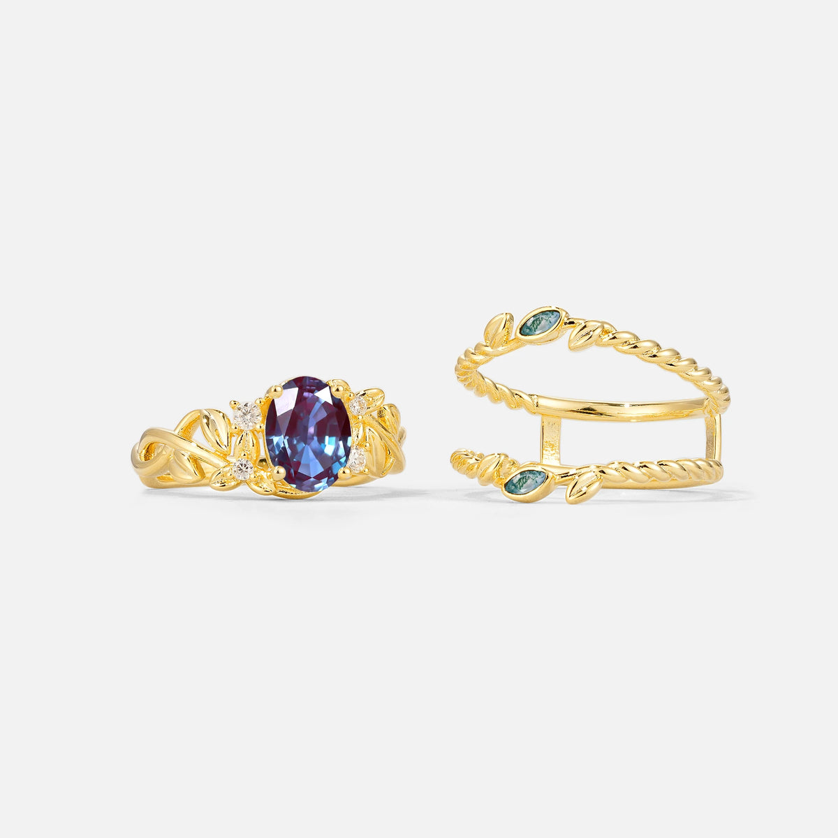 Oval Cut Alexandrite Moss Agate Leaf Vine Bridal Ring Set - White-Gold