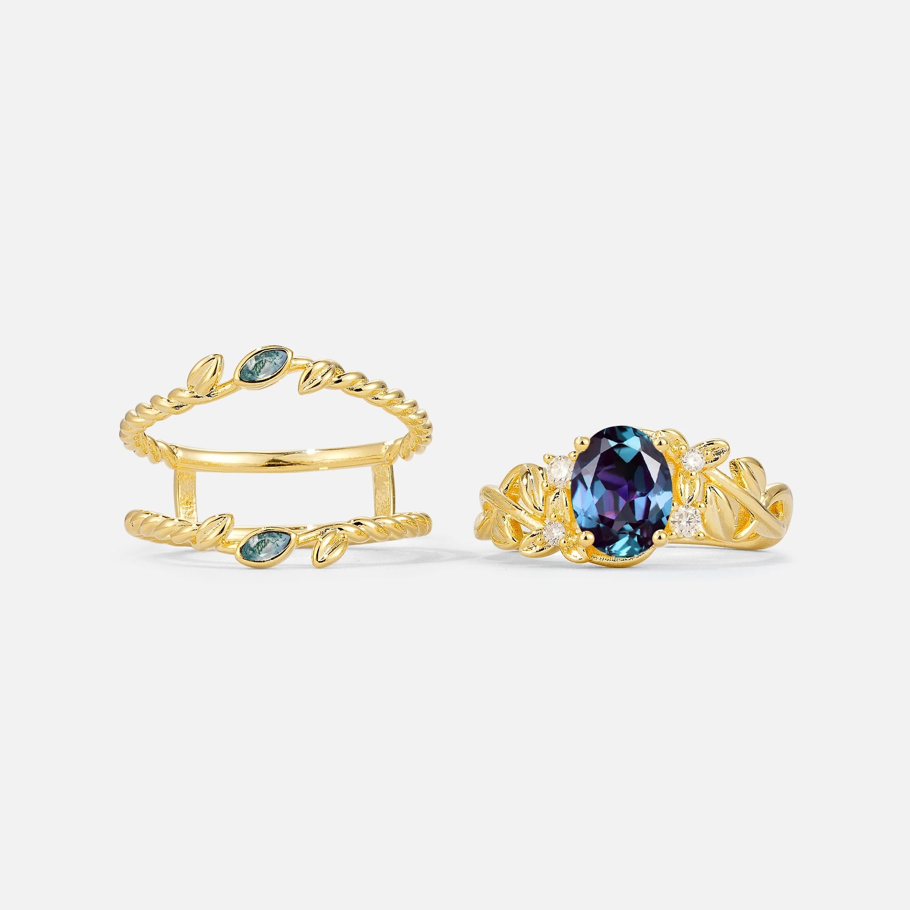 Oval Cut Alexandrite Moss Agate Leaf Vine Bridal Ring Set - Additional view
