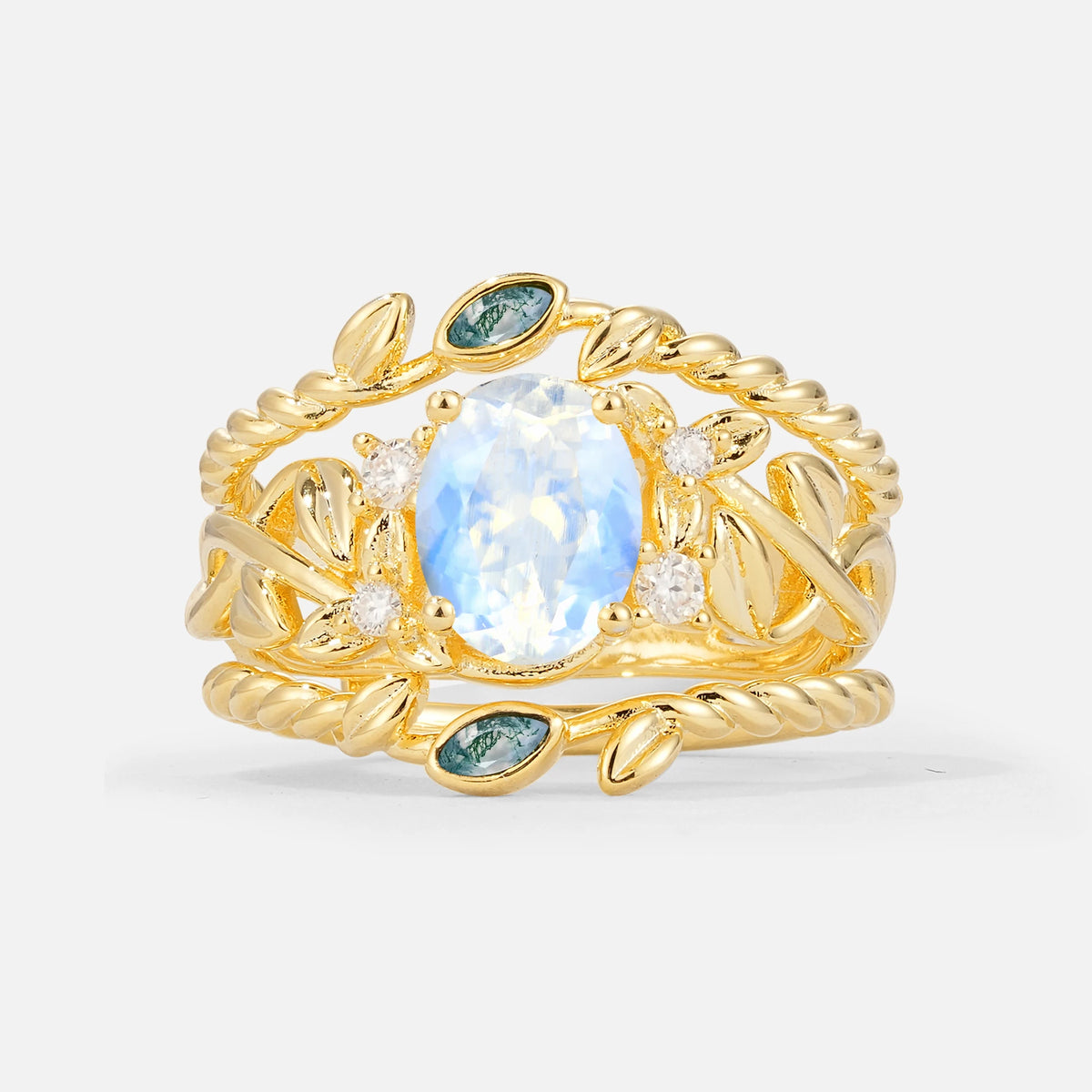 Oval Cut Moonstone Moss Agate Leaf Vine Bridal Ring Set - Yellow-Gold