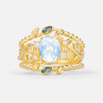 Oval Cut Moonstone Moss Agate Leaf Vine Bridal Ring Set - Yellow-Gold