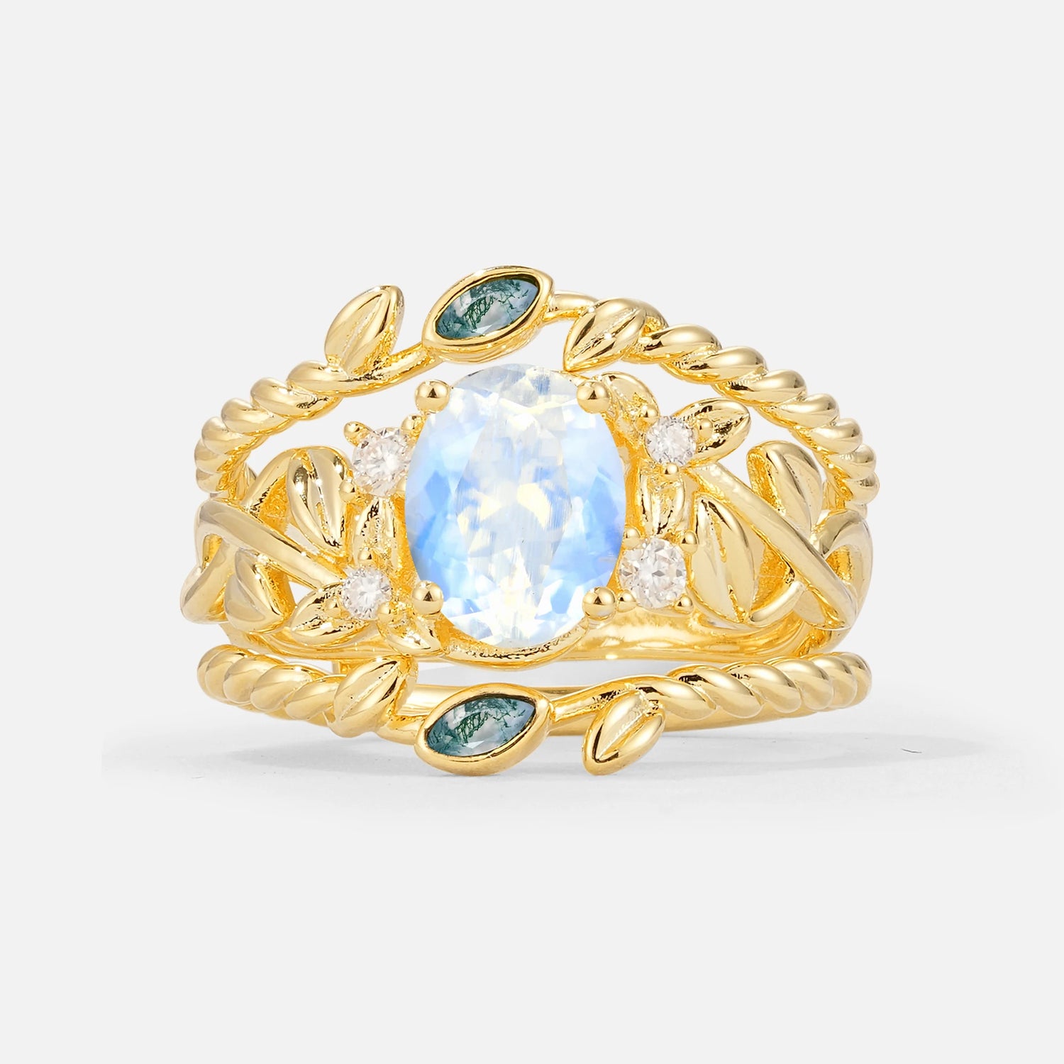 Oval Cut Moonstone Moss Agate Leaf Vine Bridal Ring Set - Yellow-Gold