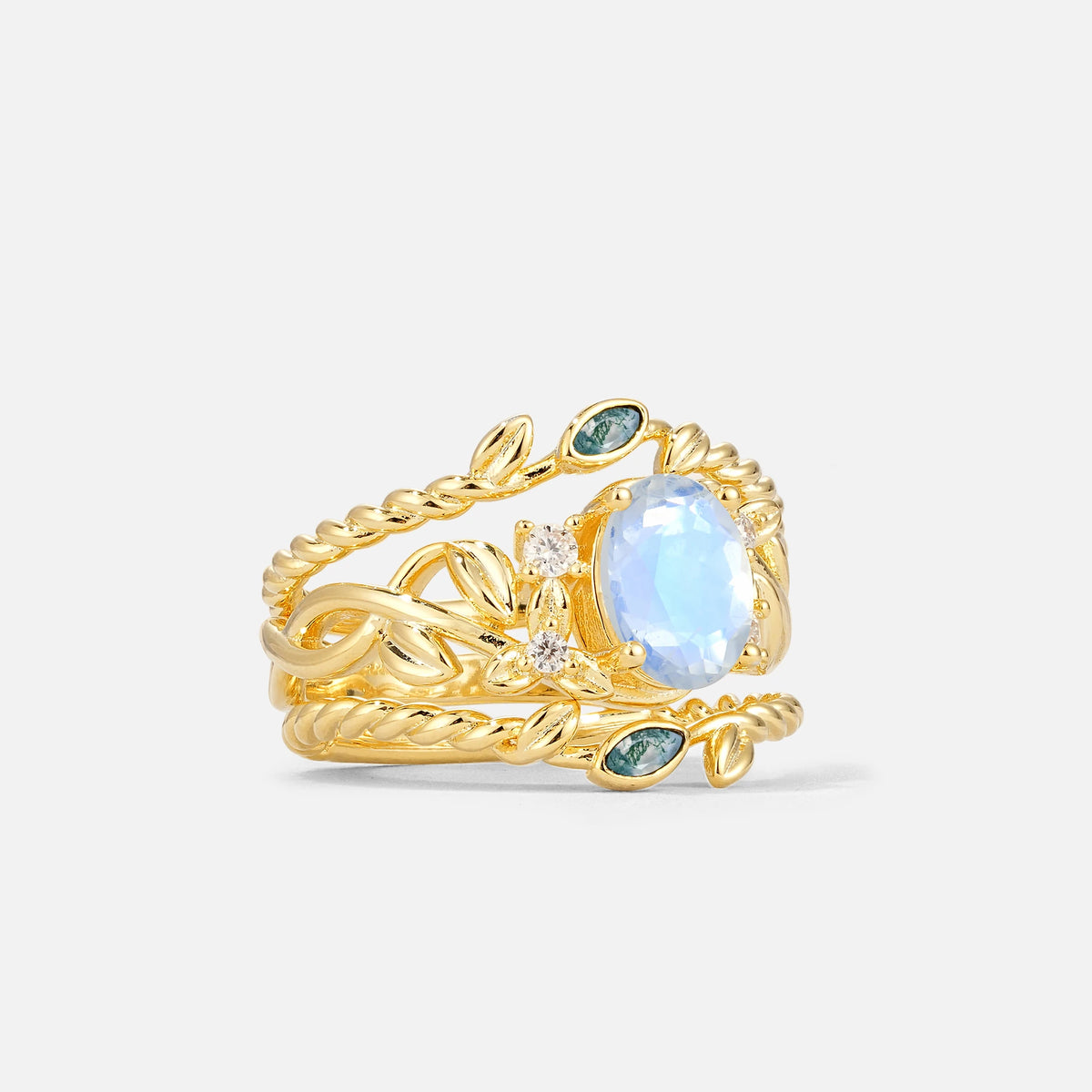 Oval Cut Moonstone Moss Agate Leaf Vine Bridal Ring Set - Rose-Gold