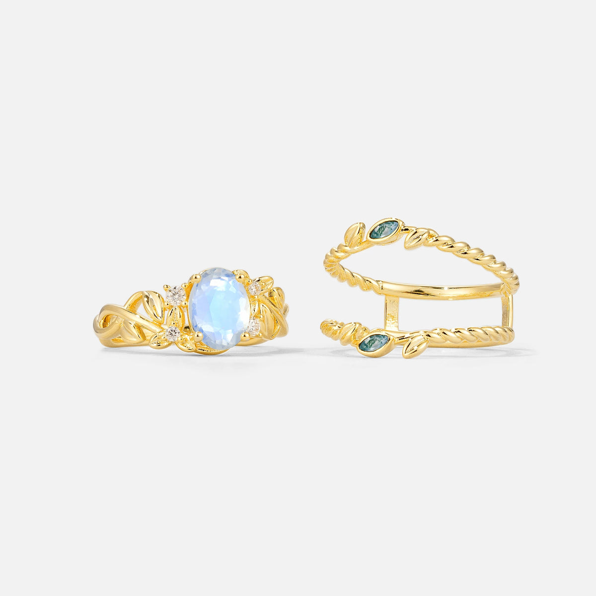 Oval Cut Moonstone Moss Agate Leaf Vine Bridal Ring Set - White-Gold